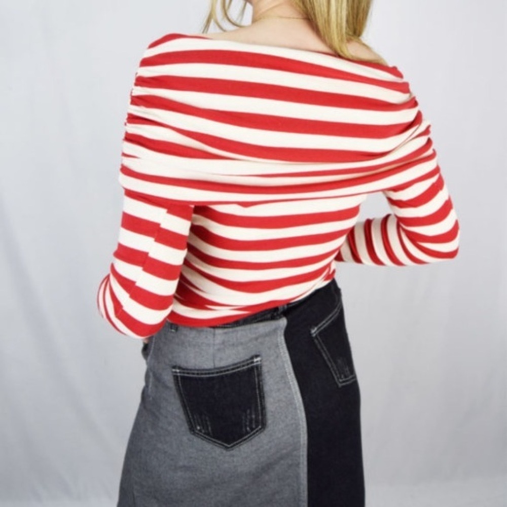 Belle SKY Red and White Striped Off-Shoulder Blouse